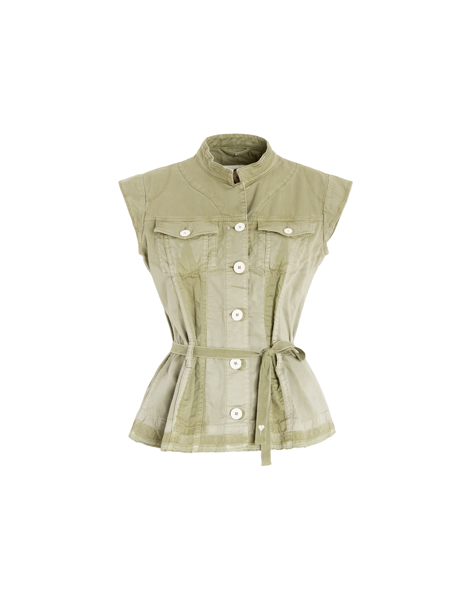 Front view: sleeveless, fitted RAISE UP vest in olive green gabardine with stand collar, full-length button placket, flap chest patch pockets and fabric belt at the waist.