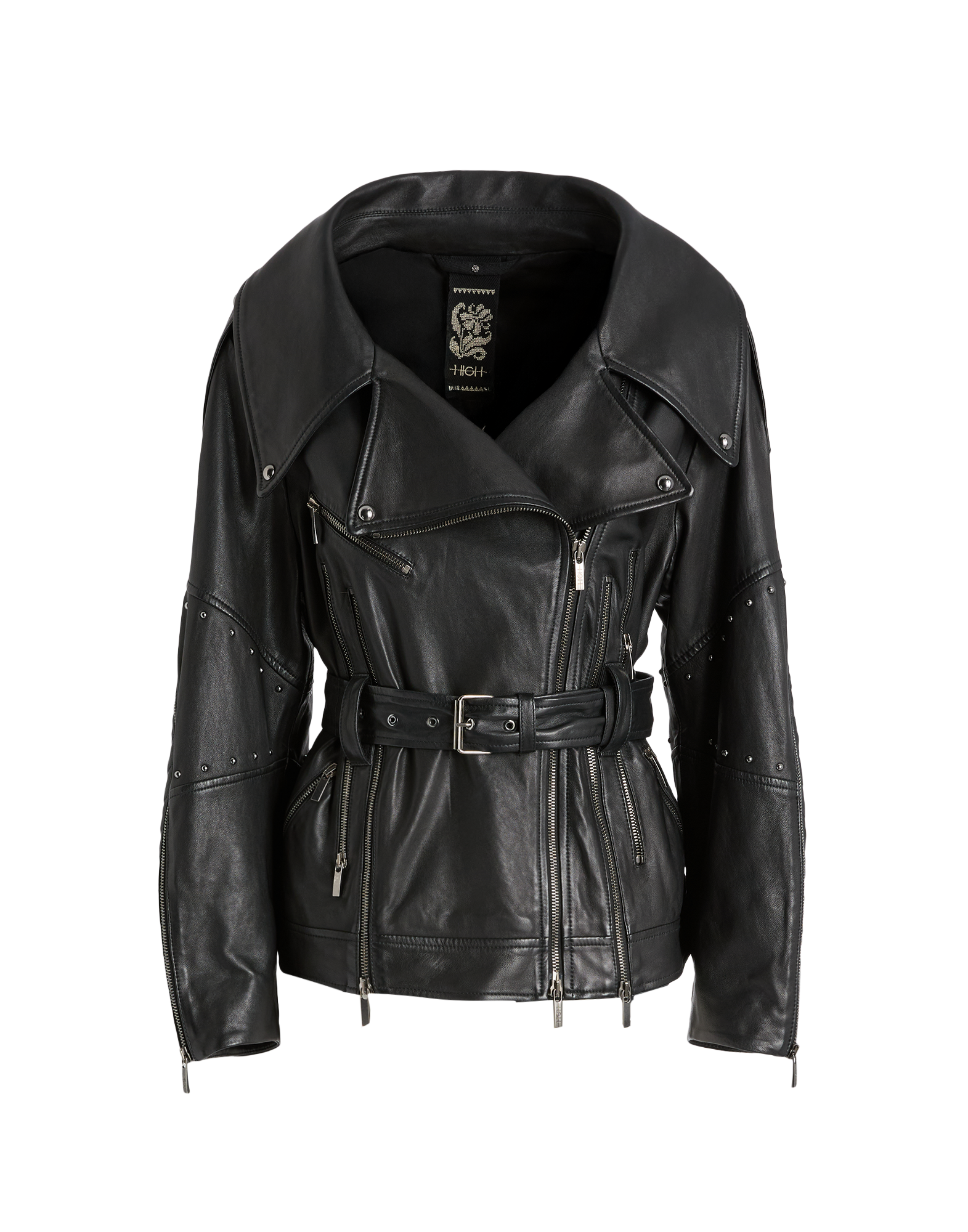 Front view of the TOMMY jacket, a black biker jacket featuring a wide notched collar, multiple zips, metal-buckle belt, micro studs, and bold silhouette.