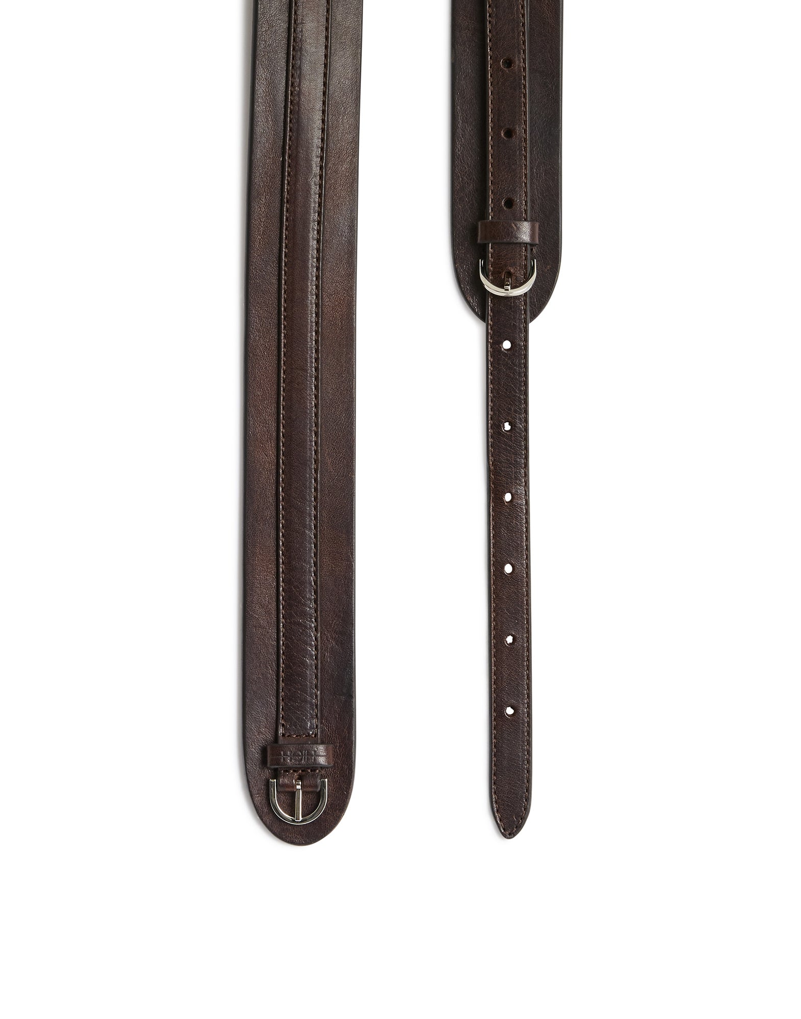 Front view: PRESS UP leather belt lies flat, showing wide band with stitched-on narrow strap, semicircle metal buckle, multiple holes, and embossed HIGH logo on the loop.
