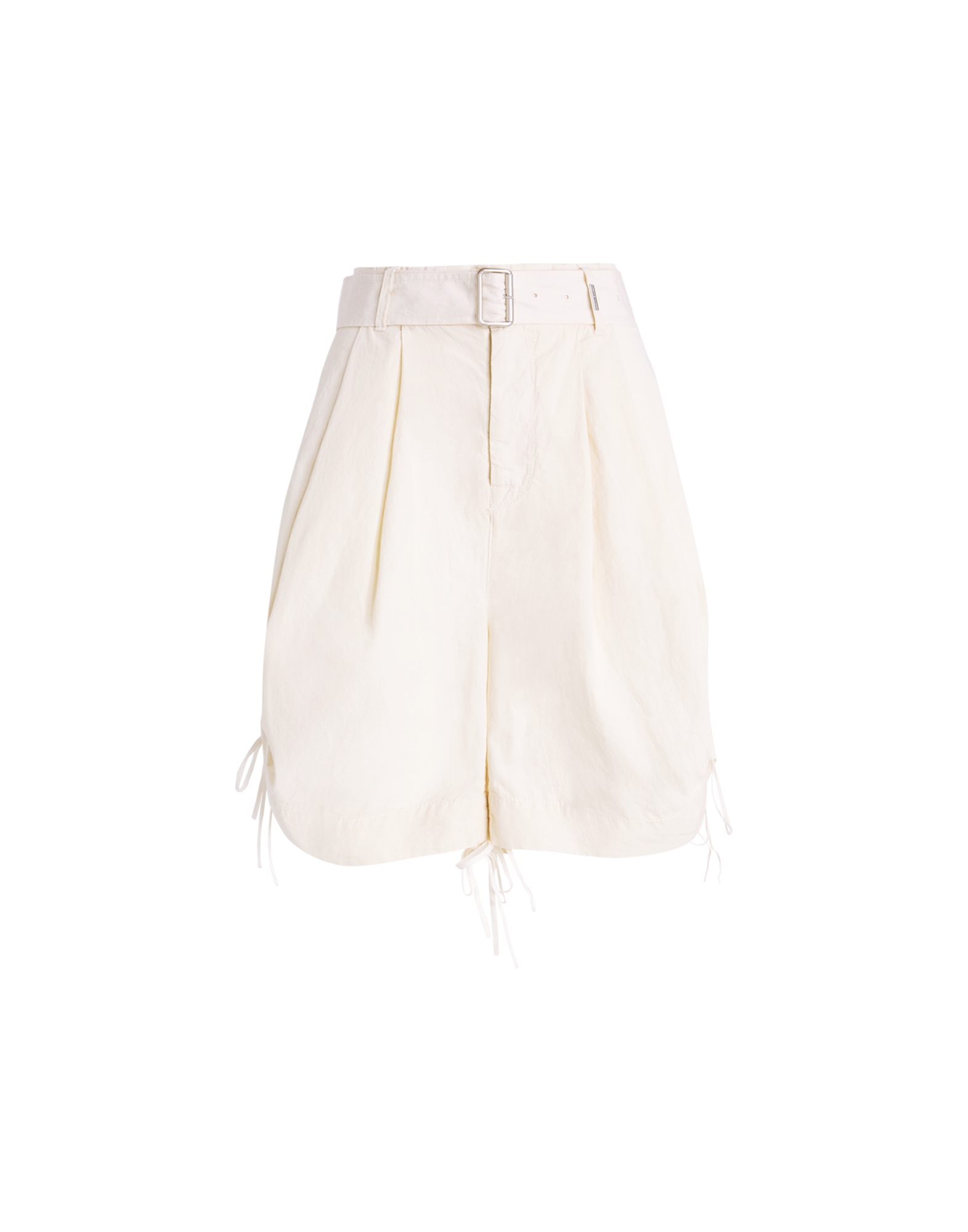 Front view: ORDER wide-cut cream Bermuda shorts with pleats, wide belt with metal buckle, side slit pockets, and adjustable drawstrings at the hem.